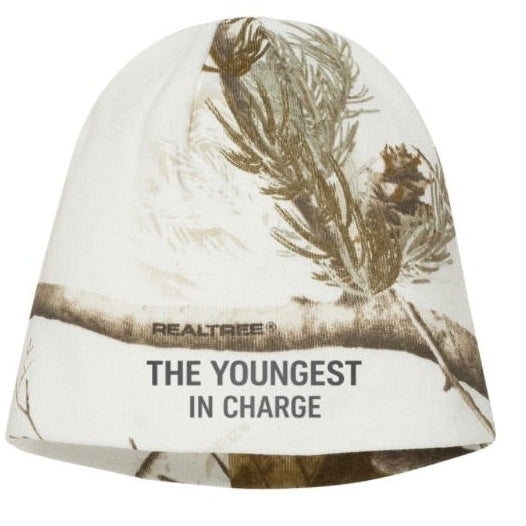 Two camouflage-patterned beanies with text on a white background